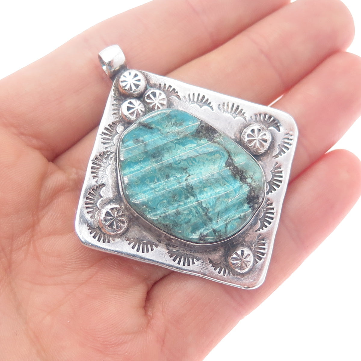 Old Pawn Sterling Silver Vintage Southwestern Tyrone Turquoise Tribal Pendant
