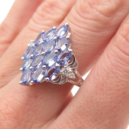 925 Sterling Silver Real Tanzanite & White Topaz Cluster Ring Size 8