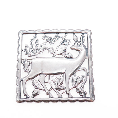 925 Sterling Silver Vintage Modernist Deer Floral Oxidized Pin Brooch