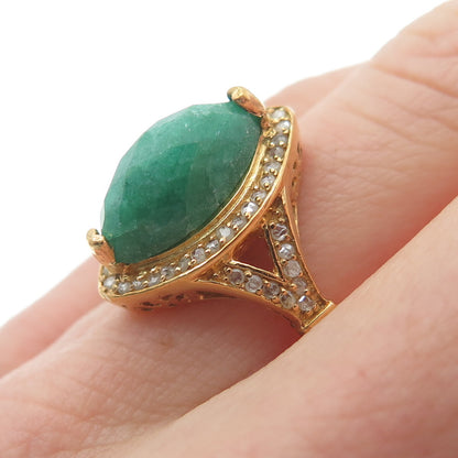 925 Sterling Silver Gold Plated Real Round-Cut Diamond & Emerald Ring Size 7.75