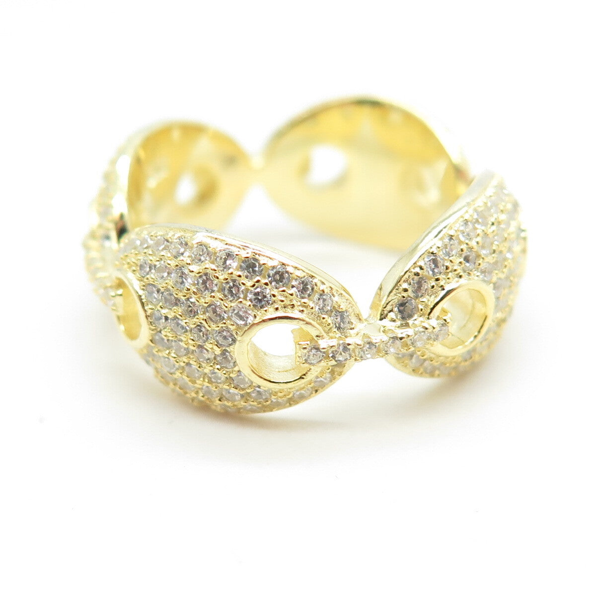 925 Sterling Silver Gold Plated Pave C Z Anchor Mariner Chain Band Ring Size 6