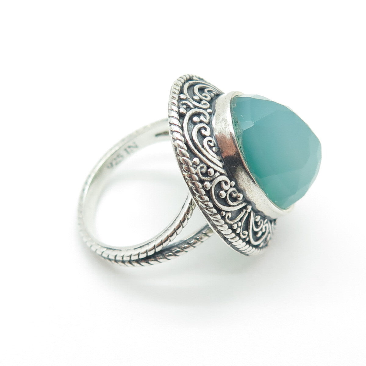 SAJEN 925 Sterling Silver Vintage Real Chalcedony Swirl Oxidized Ring Size 7