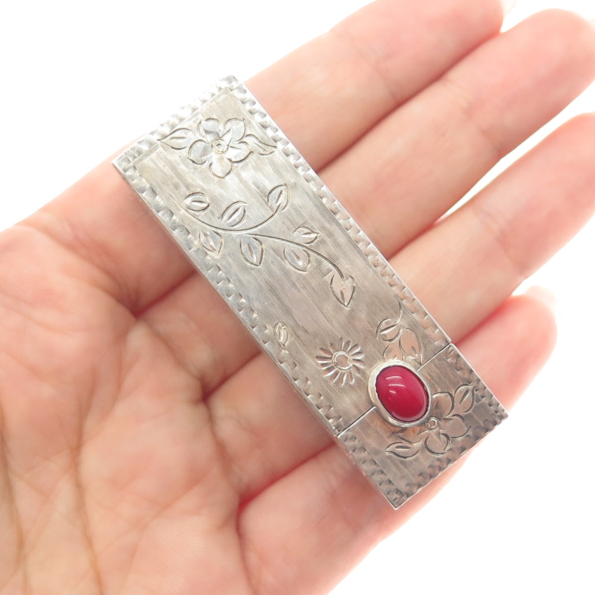 800 Silver Antique Art Deco Italy Real Coral Engraved Tube Slide Lipstick Case