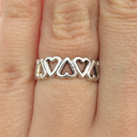 925 Sterling Silver Vintage All Around Heart Link Band Ring Size 5.75