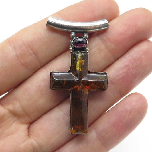 925 Sterling Silver Vintage Real Tourmaline & Baltic Amber Cross Slide Pendant