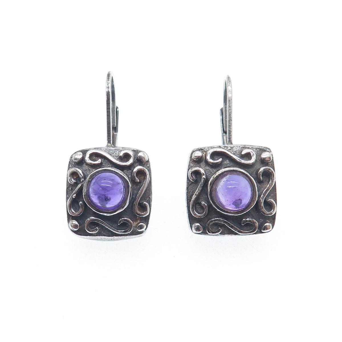 925 Sterling Silver Vintage Real Amethyst Modernist Swirl Oxidized Earrings