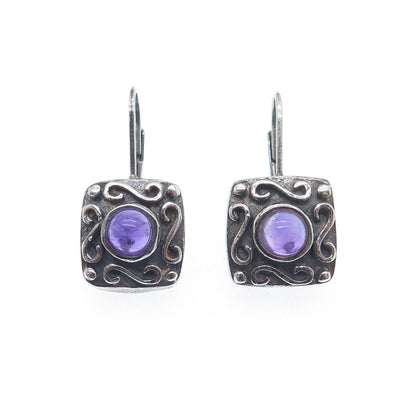 925 Sterling Silver Vintage Real Amethyst Modernist Swirl Oxidized Earrings
