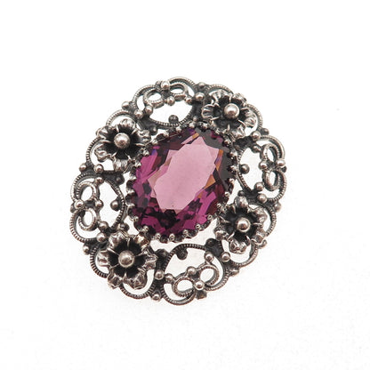 Danecraft Sterling Silver Antique Art Deco Real Amethyst Floral Heart Pin Brooch
