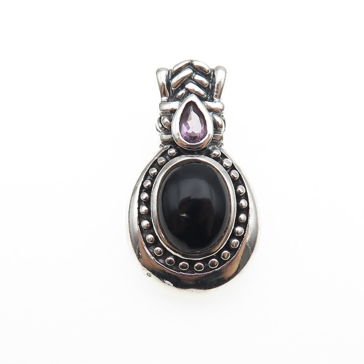 925 Sterling Silver Vintage Real Black Onyx & Amethyst Oxidized Charm Pendant