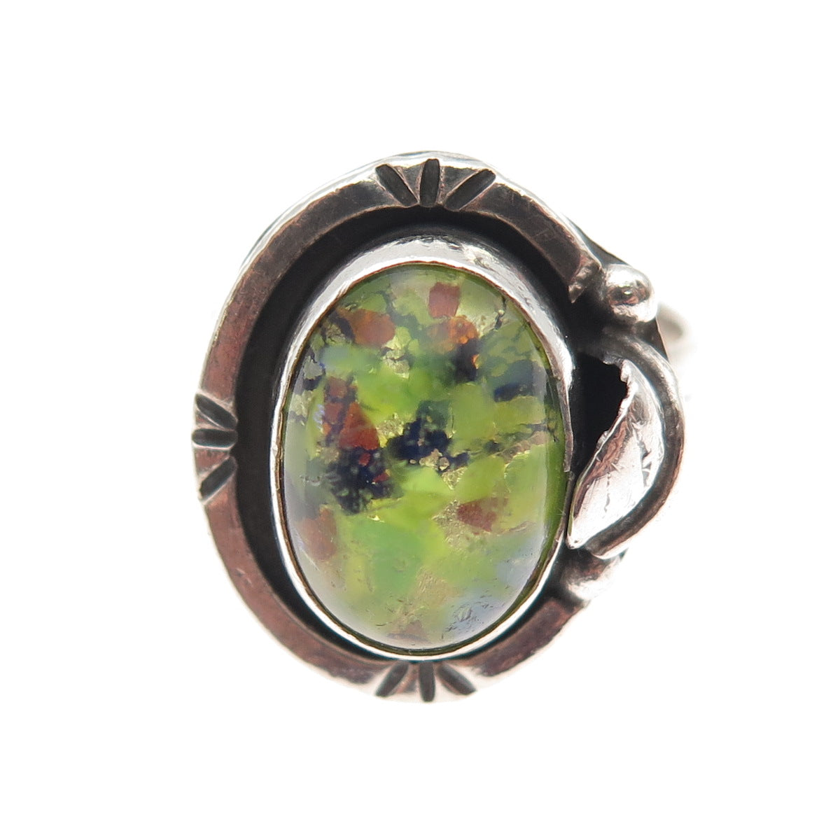 925 Sterling Silver Vintage Mexico Dichroic Glass Oxidized Ring Size 8.5