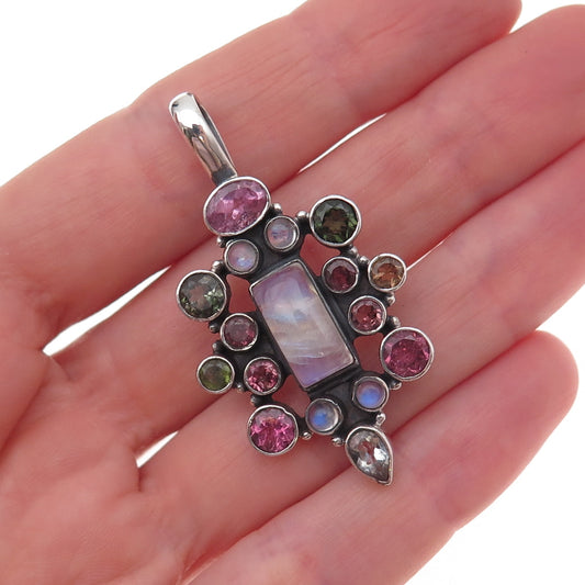925 Sterling Silver Vintage Real Moonstone & Multi-Color Tourmaline Pendant