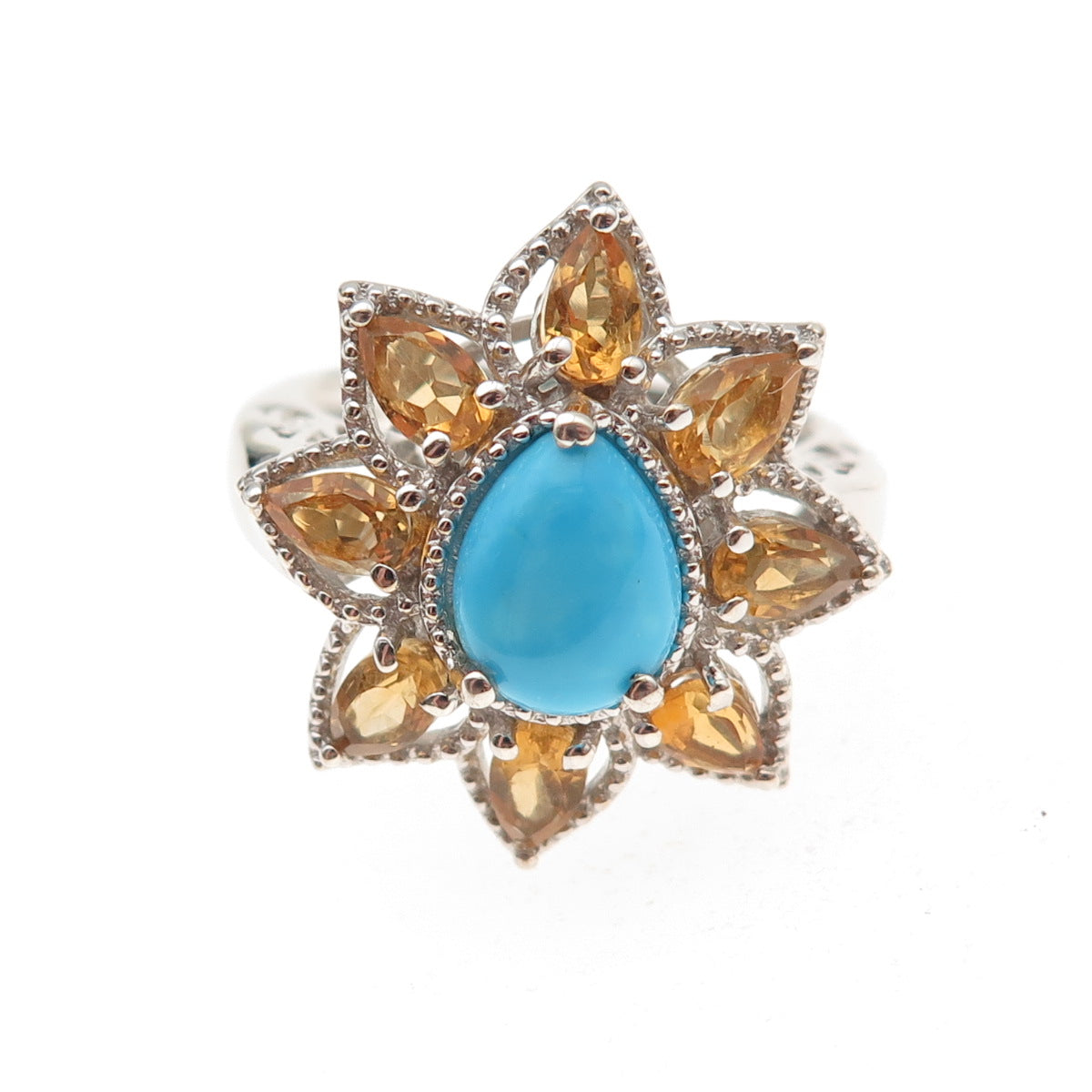 Chuck Clemency 925 Sterling Silver Real Turquoise Citrine Floral Ring Size 8.25