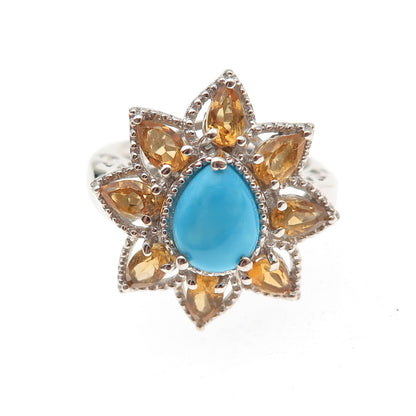 Chuck Clemency 925 Sterling Silver Real Turquoise Citrine Floral Ring Size 8.25