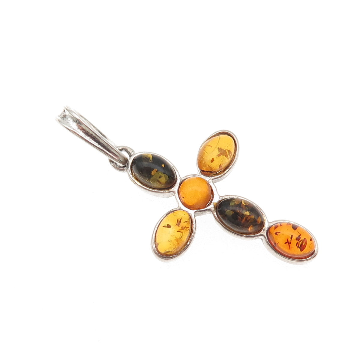 925 Sterling Silver Vintage Real Amber Cross Charm Pendant