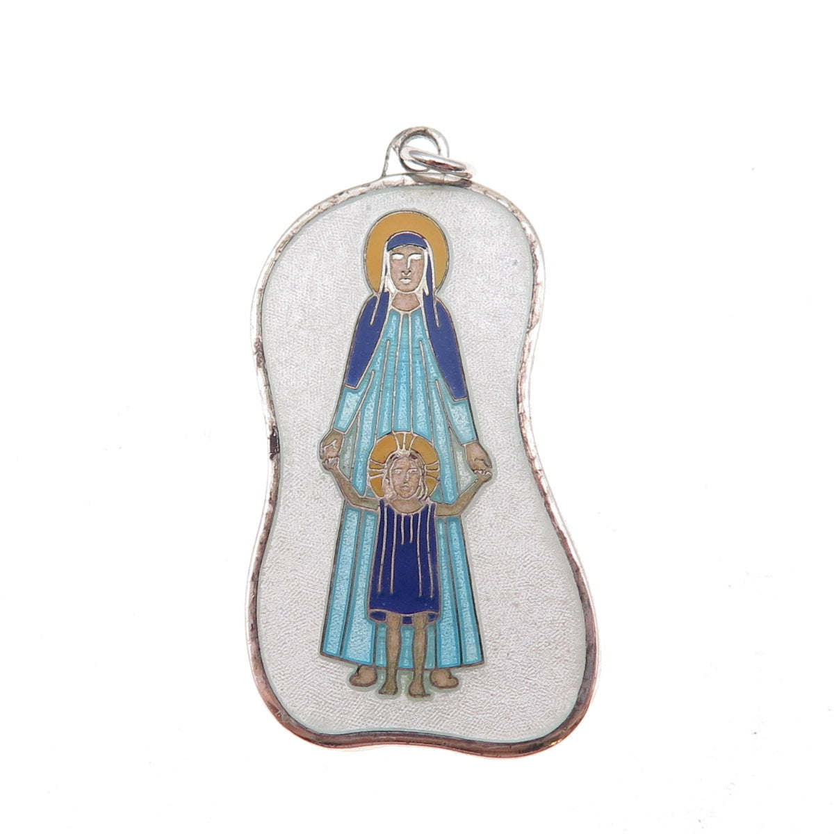 Creed Sterling Silver Antique Art Deco Enamel Virgin Mary & Child Jesus Pendant