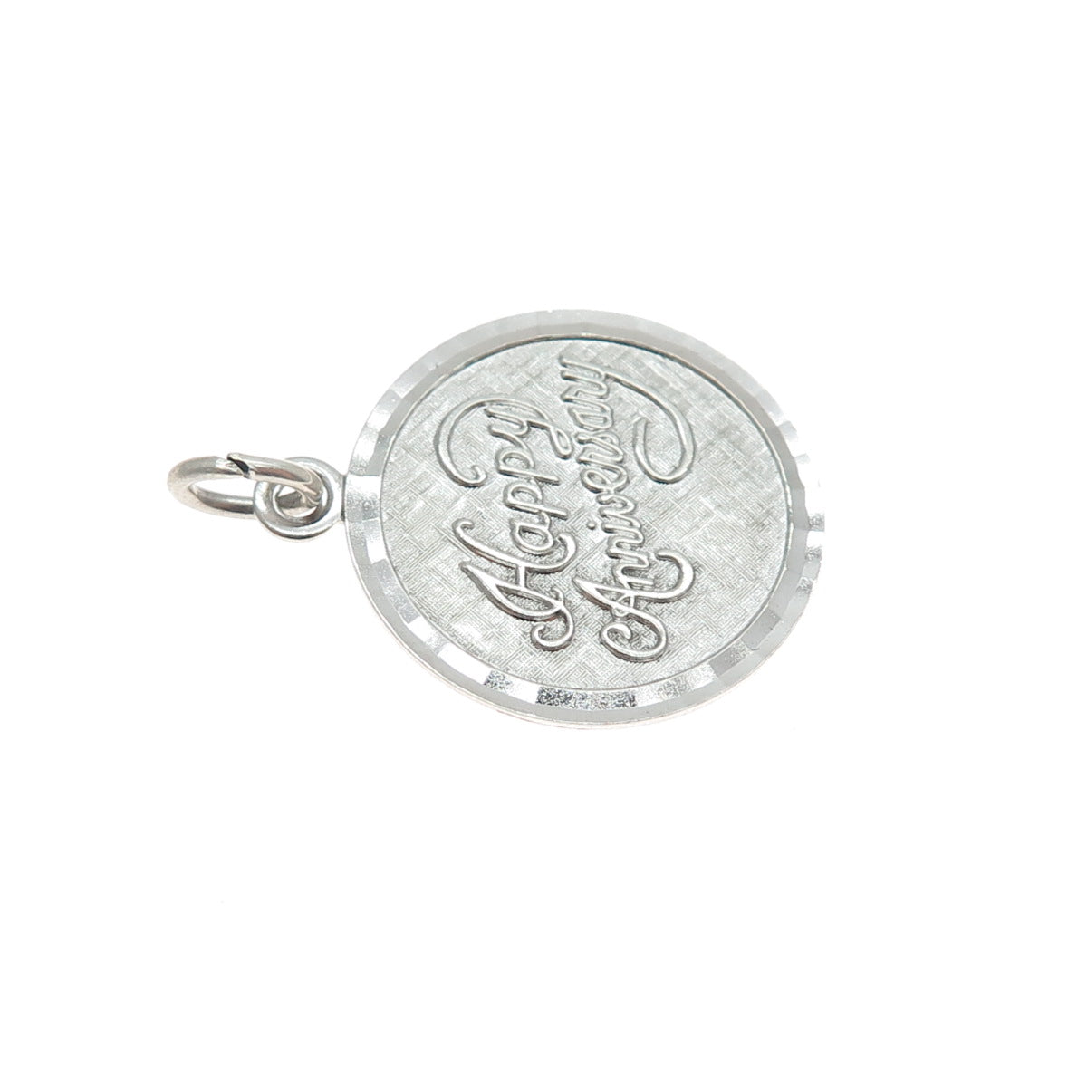 LAMODE 925 Sterling Silver Vintage Happy Anniversary Round Tag Charm Pendant