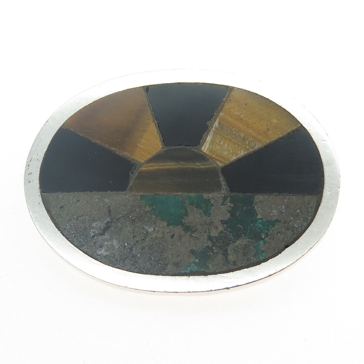 925 Sterling Silver Vintage Mexico Azurite Onyx Tiger Eye Sunrise Pin Pendant