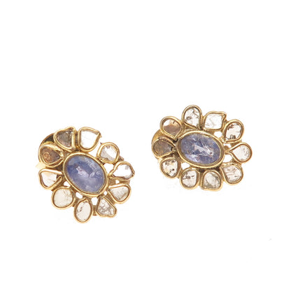 925 Sterling Silver Gold Plated Real Rose-Cut Diamond Tanzanite Floral Earrings