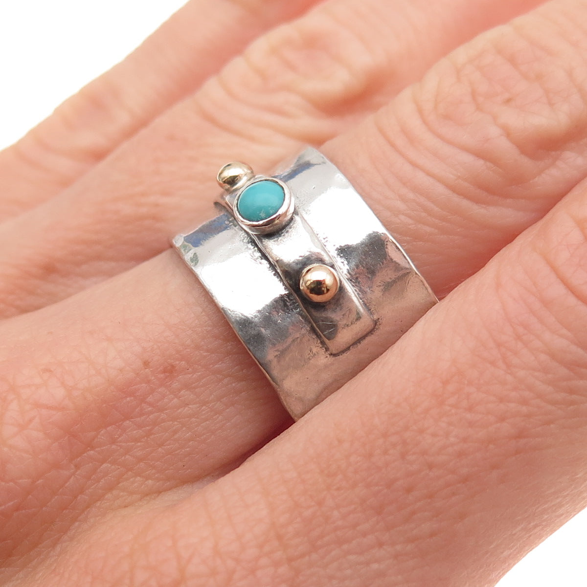 925 Sterling 14K Gold Vintage Real Turquoise Hammered Wide Band Ring Size 9.5