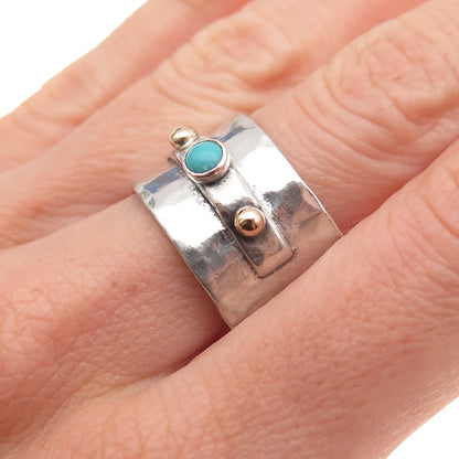 925 Sterling 14K Gold Vintage Real Turquoise Hammered Wide Band Ring Size 9.5