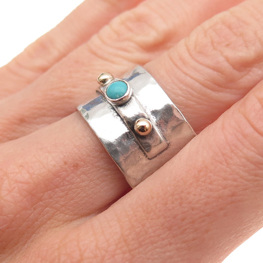 925 Sterling 14K Gold Vintage Real Turquoise Hammered Wide Band Ring Size 9.5