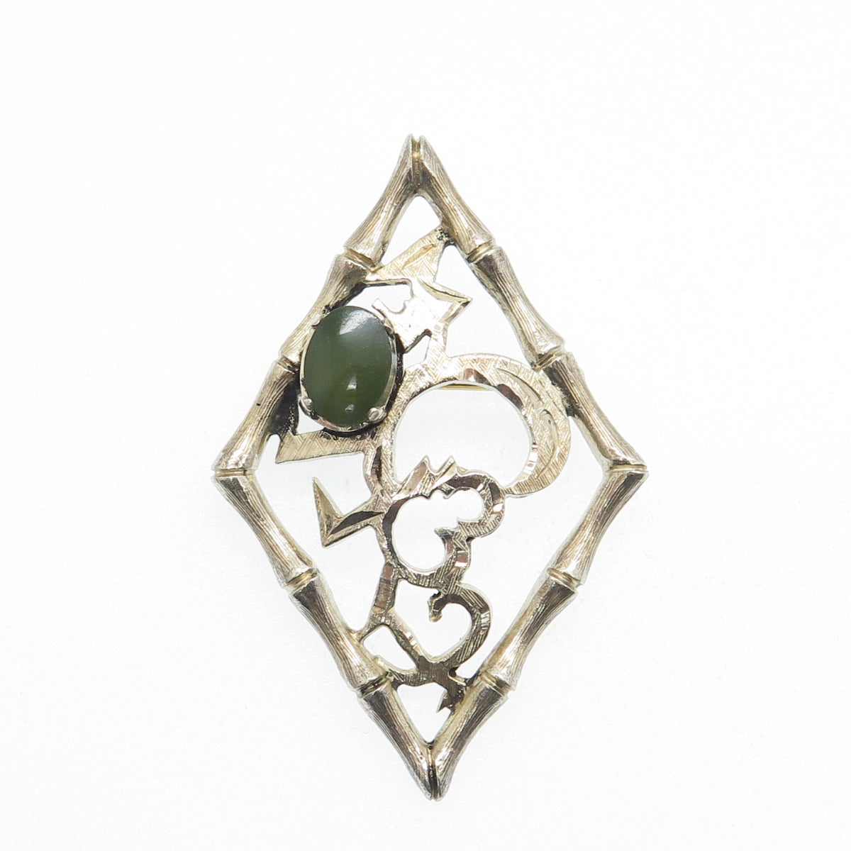 WELLS 925 Sterling Silver Gold Plated Vintage Real Jade Heart Bamboo Pin Brooch