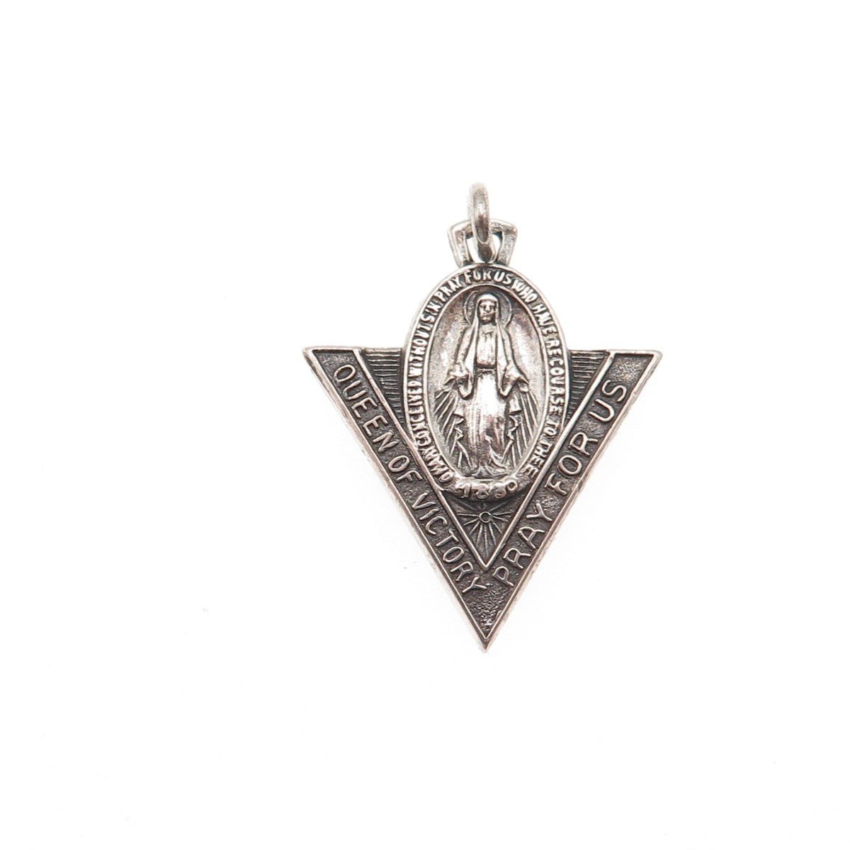 925 Sterling Silver Antique WWII St Mary Queen of Victory Oxidized Charm Pendant