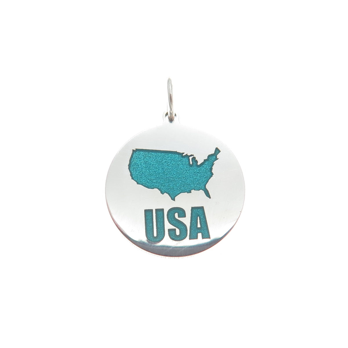 925 Sterling Silver Turquoise Enamel USA Map Round Tag Minimalist Charm Pendant