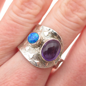 925 Sterling Vintage Real Amethyst & Opal Modernist Adjustable Ring Size 7.5