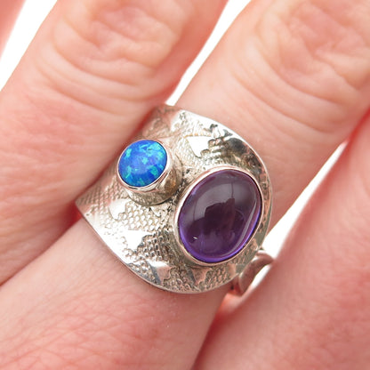 925 Sterling Vintage Real Amethyst & Opal Modernist Adjustable Ring Size 7.5