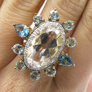 925 Sterling Gold Plated Diamond Accent London Blue & White Topaz Ring Size 7.25