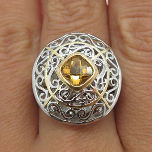 HAROLD TRUJILLO 925 Sterling Silver 2-Tone Citrine Gem Ornate Ring Size 9.25