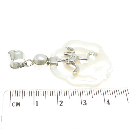 925 Sterling Silver Vintage Real Pearl & Carved MOP Frog on Flower Pendant