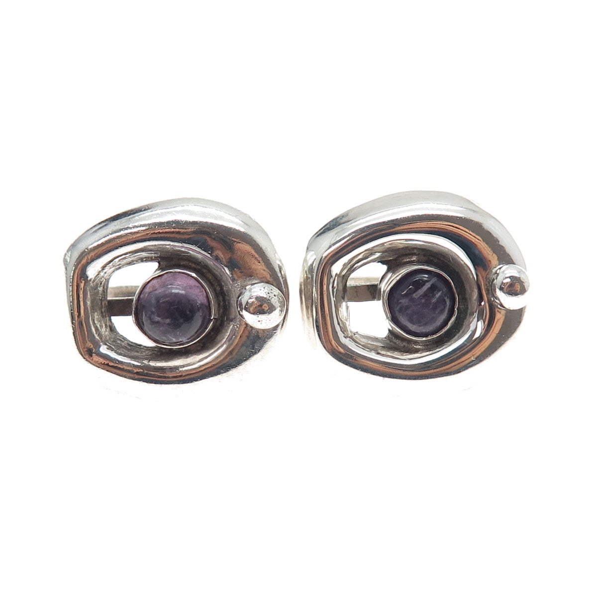 925 Sterling Silver Vintage Mexico Real Amethyst Modernist Screw Back Earrings