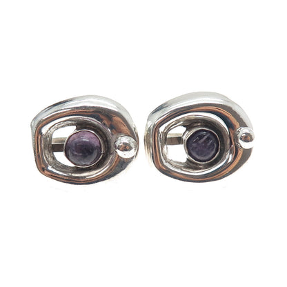 925 Sterling Silver Vintage Mexico Real Amethyst Modernist Screw Back Earrings