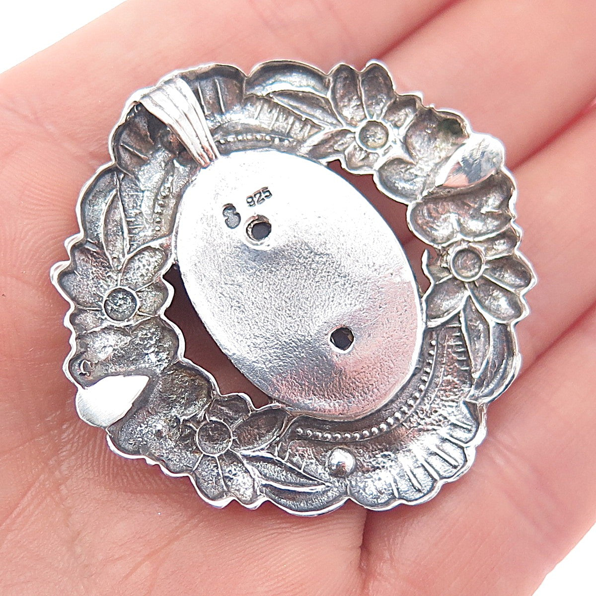 925 Sterling Silver Vintage Real Moss Agate Flower Oxidized Slide Pendant