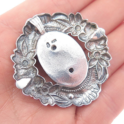 925 Sterling Silver Vintage Real Moss Agate Flower Oxidized Slide Pendant