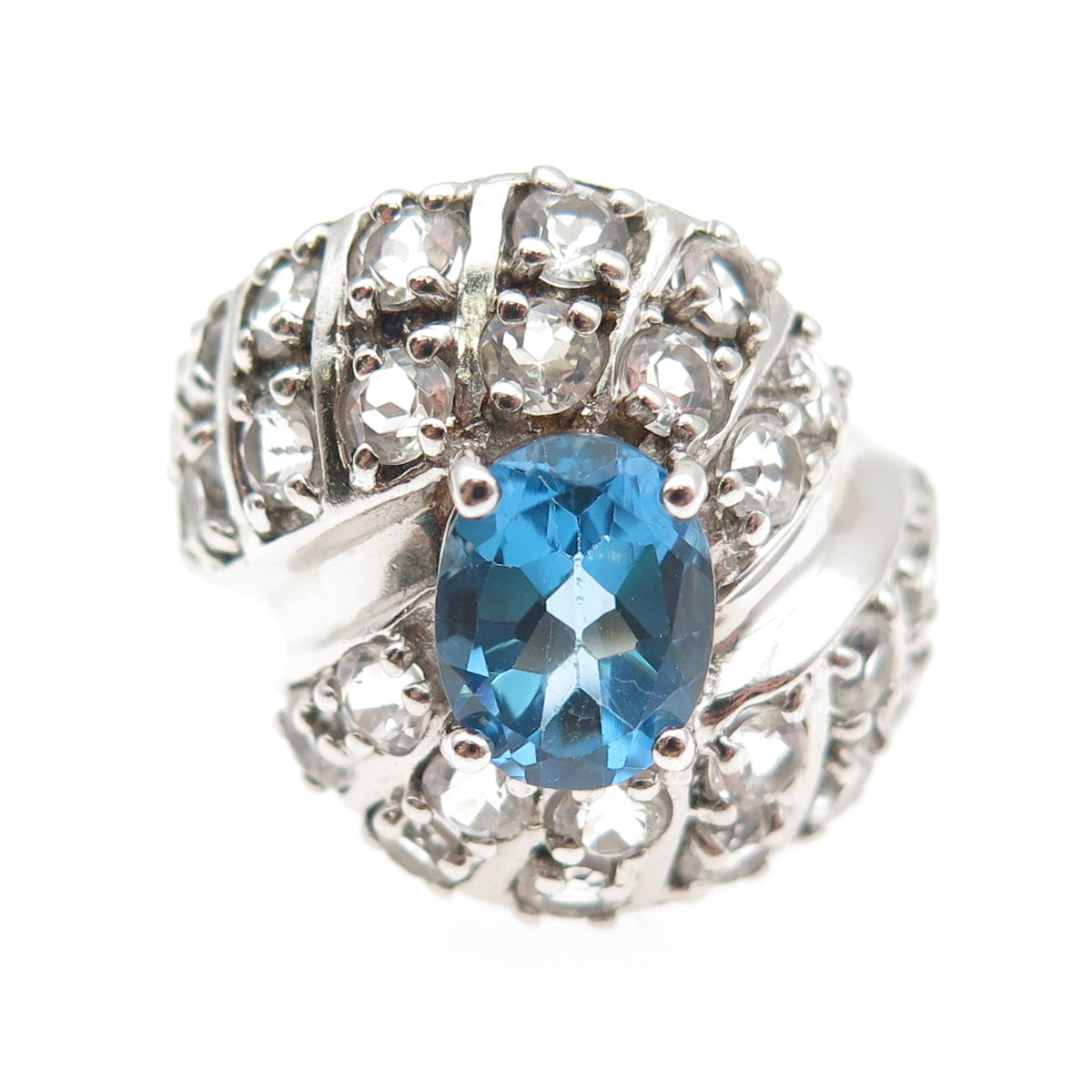 925 Sterling Silver Real Oval-Cut Blue & Round-Cut White Topaz Ring Size 8