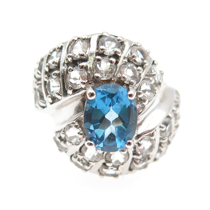 925 Sterling Silver Real Oval-Cut Blue & Round-Cut White Topaz Ring Size 8