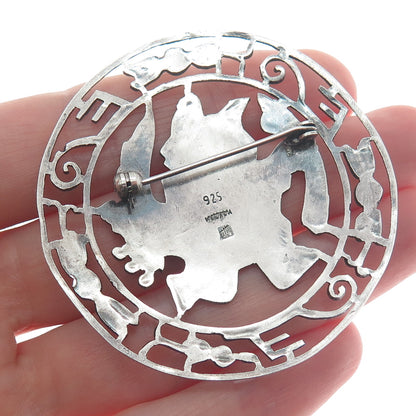 925 Sterling Silver Vintage Bird Symbol Aztec Warrior Oxidized Pin Brooch