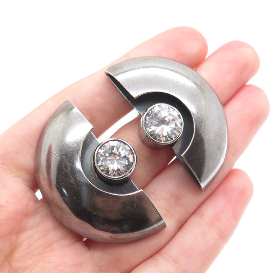 ORQUIDIA 950 Silver Vintage Mexico C Z Modernist Oxidized Clip On Earrings