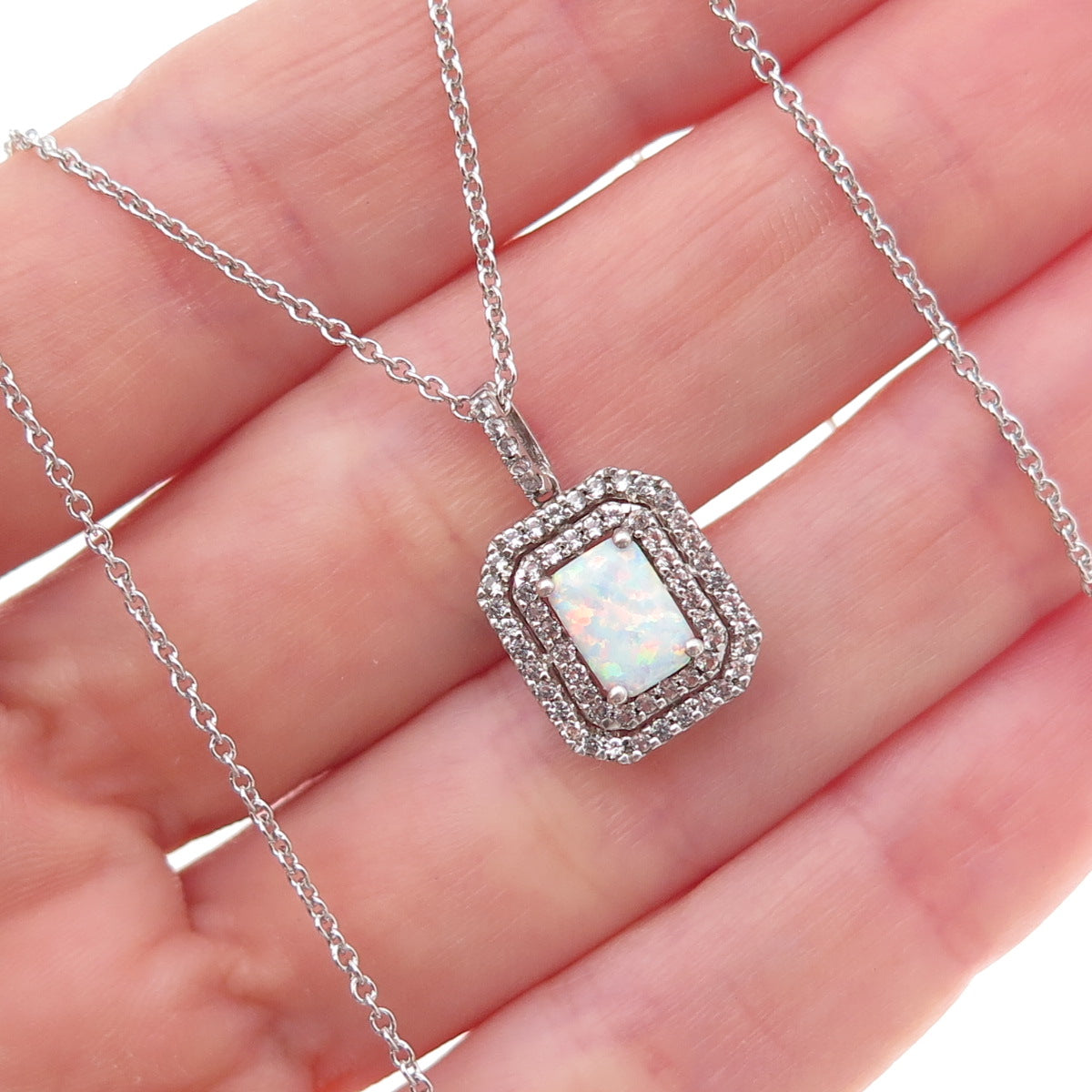 925 Sterling Silver Real Opal & C Z Cable Chain Necklace 18"