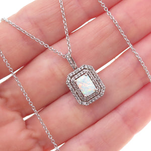 925 Sterling Silver Real Opal & C Z Cable Chain Necklace 18"