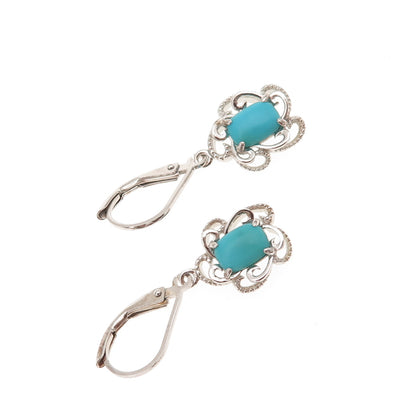 925 Sterling Silver Real Sleeping Beauty Turquoise Floral Dangle Earrings