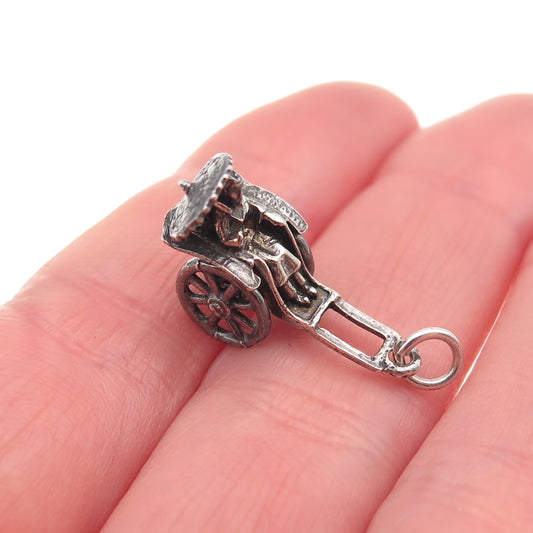 925 Sterling Silver Vintage Rickshaw Carriage Oxidized 3D Mini Charm Pendant