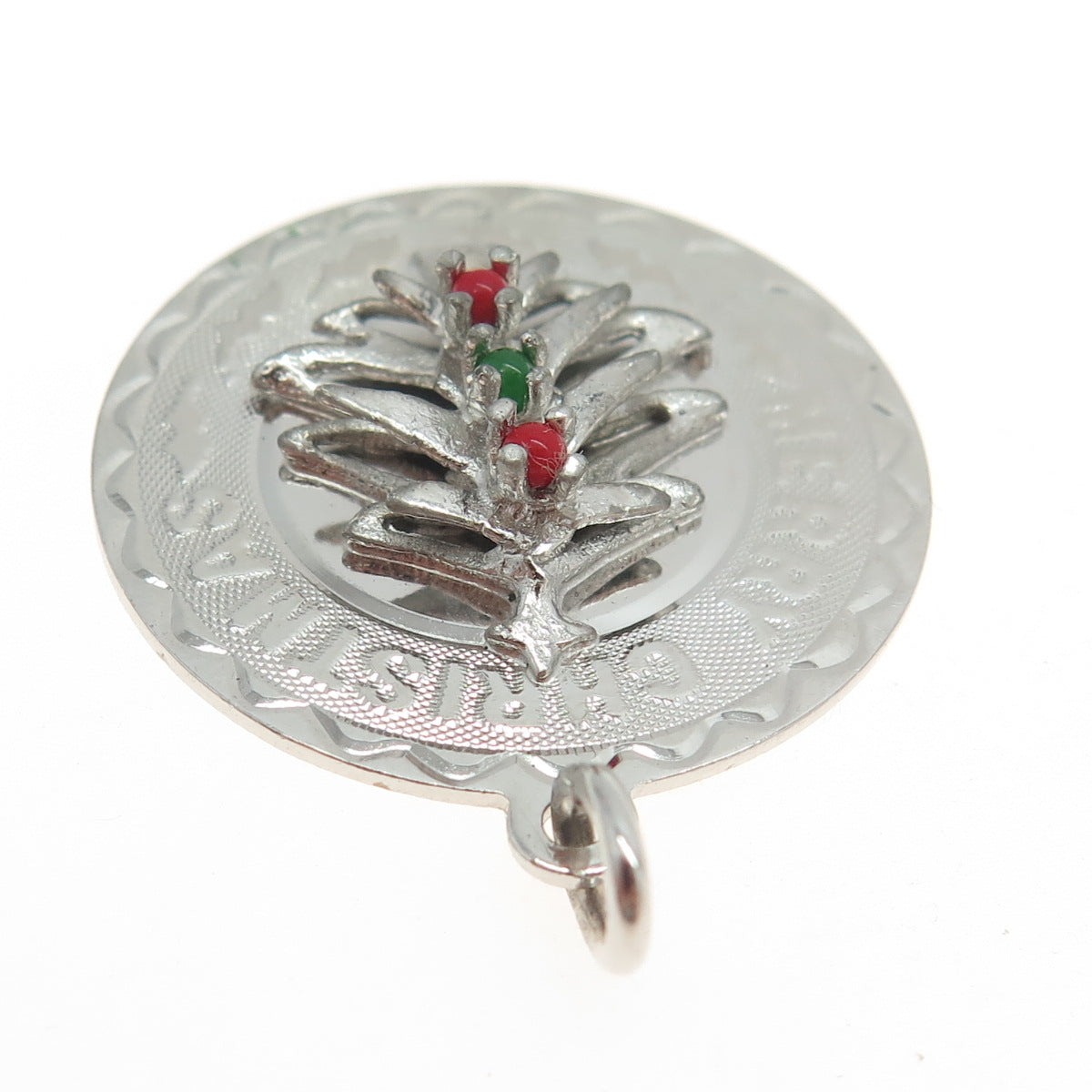 925 Sterling Silver Antique Art Deco Multi-Glass Merry Christmas Tree Pendant