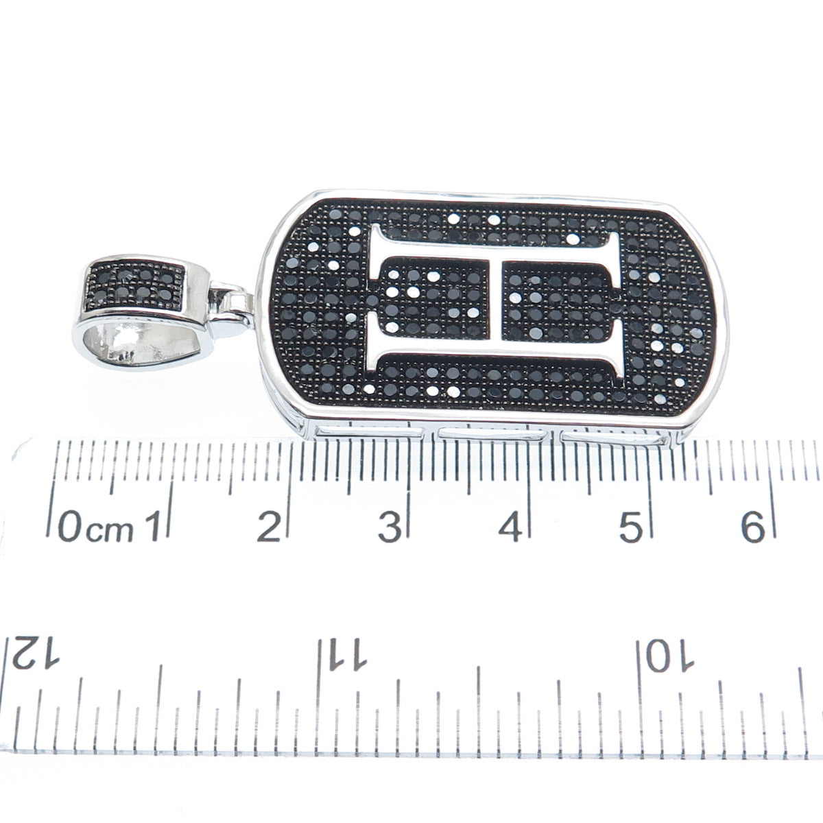 925 Sterling Silver Real Round-Cut Black Spinel Letter H Initial Tag Pendant