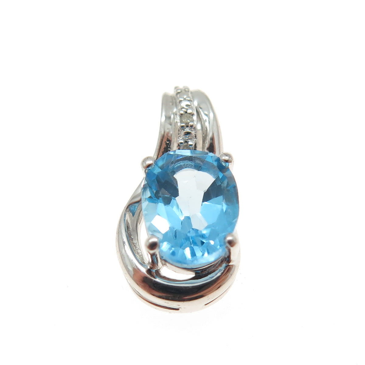 SAI 925 Sterling Silver Real Diamond & Blue Topaz Minimalist Pendant