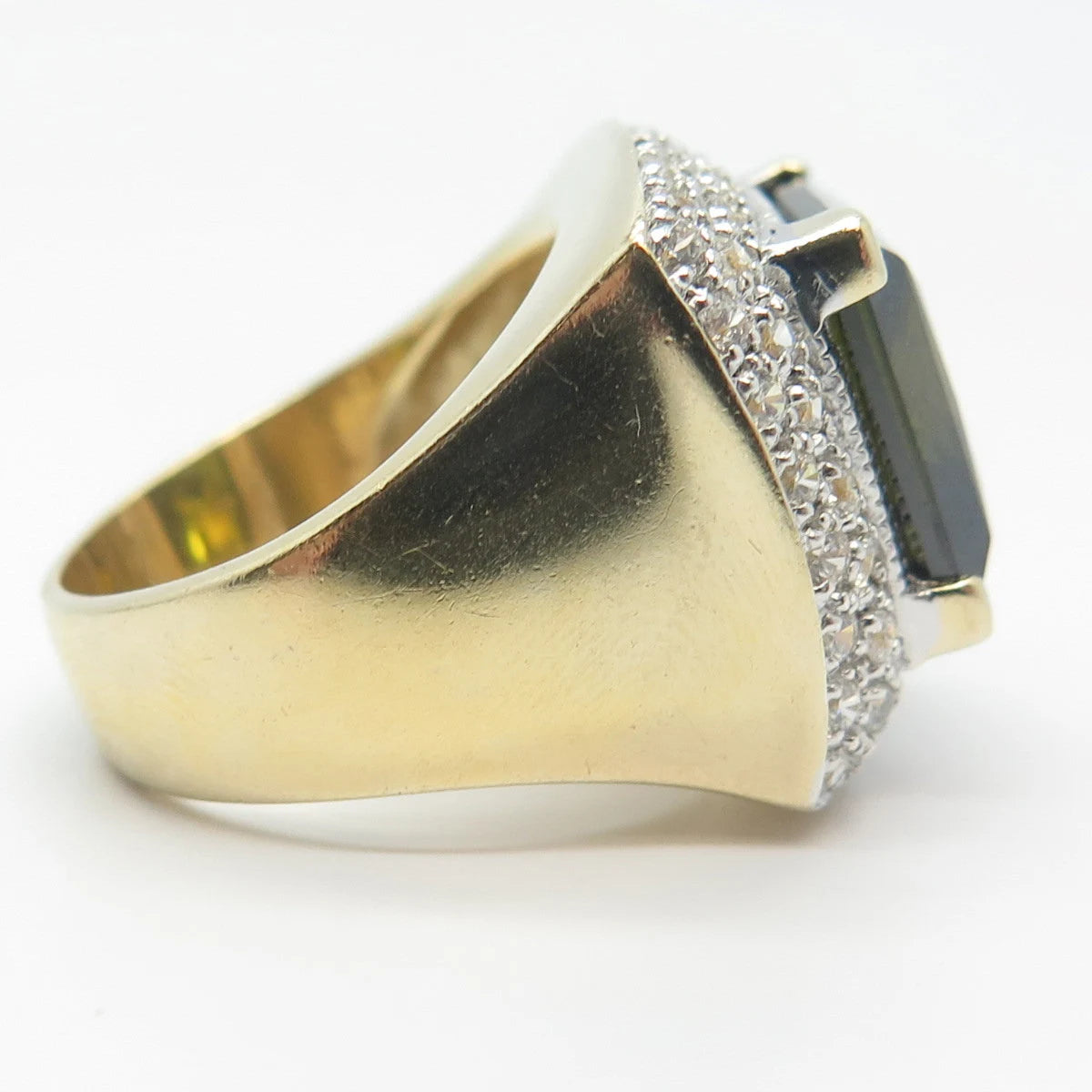925 Sterling Silver Gold Plated Seta Green & White C Z Square Ring Size 7.25