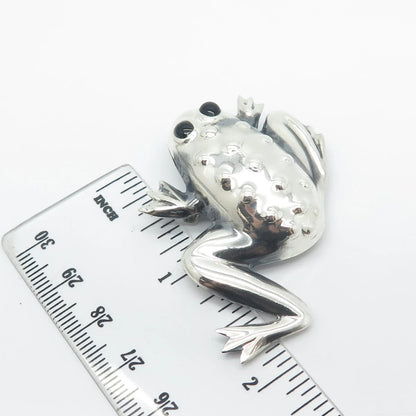925 Sterling Silver Vintage Mexico Black Onyx Gem Frog For Good Luck Pin Brooch